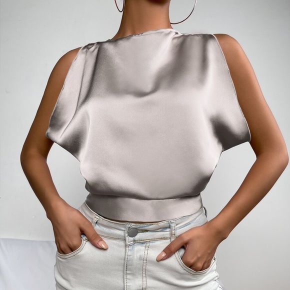 Boho silver Grey Cut out Back Satin Crop Top - Picture 9 of 12